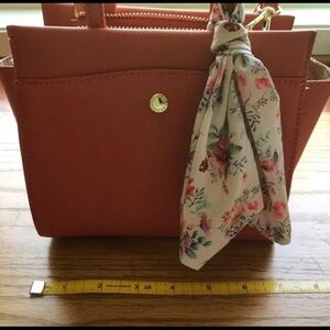 Coral Handbag with Floral Scarf